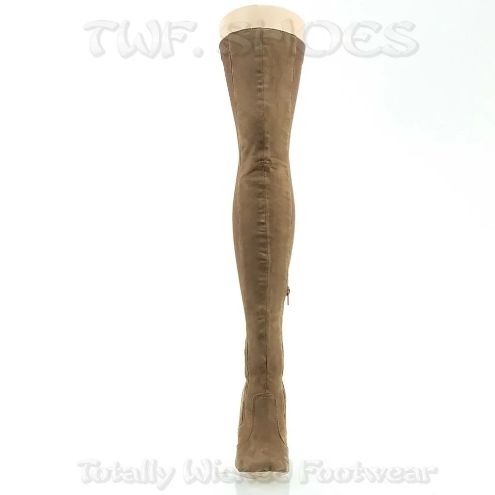 Brand New Chase Taupe Knit / Faux Suede Stretch OTK High Heel Thigh Boots